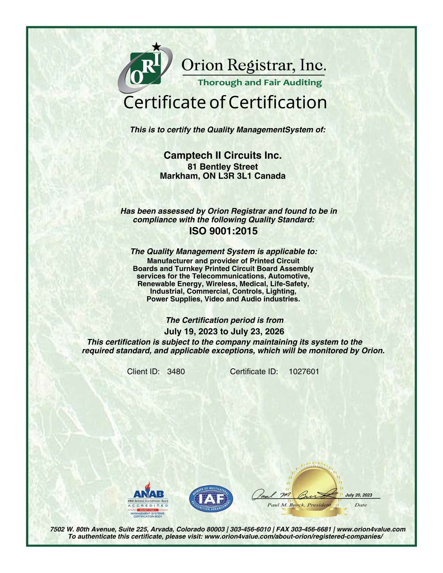 Camptech II Circuits Inc. ISO 9001 Certificate
