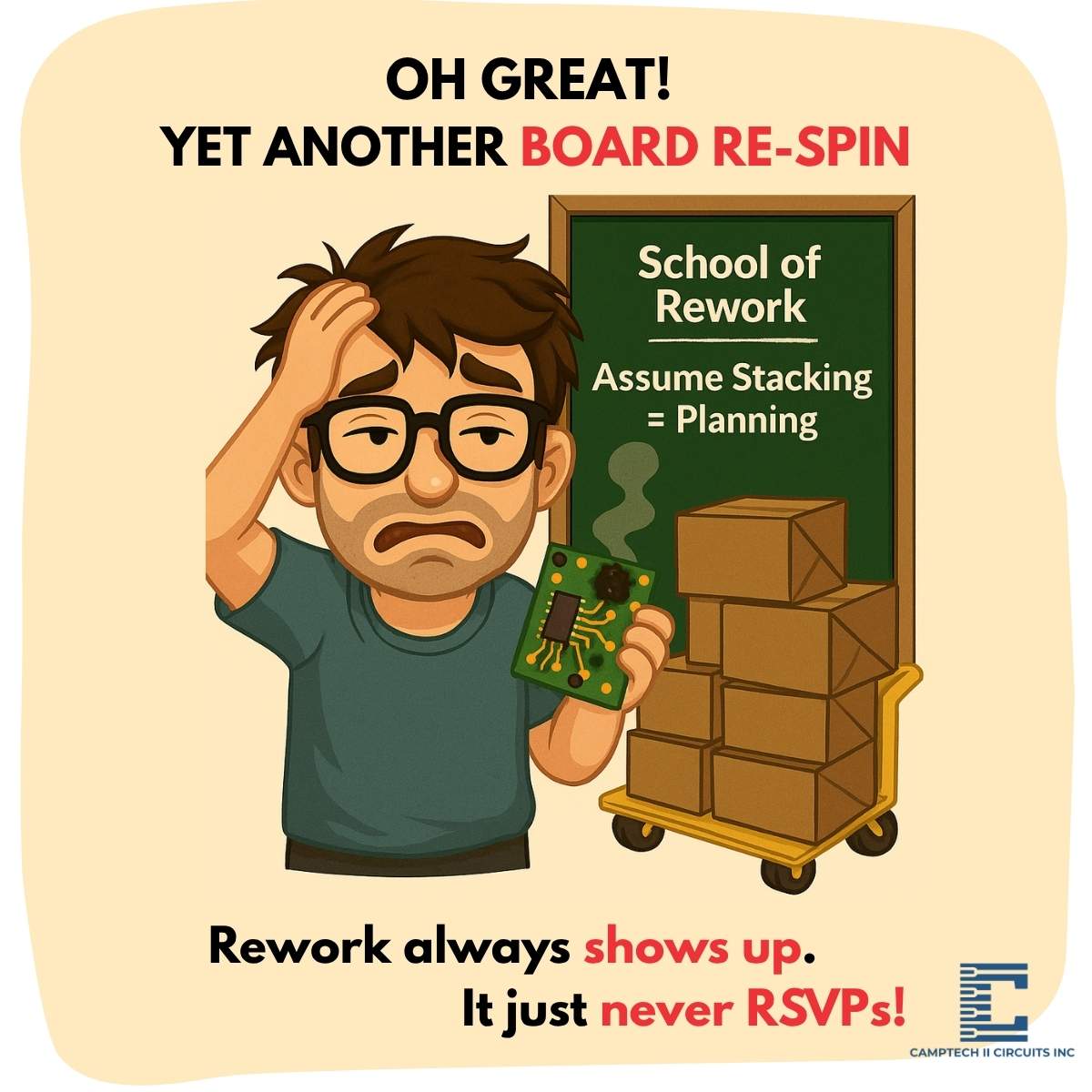 Cartoon PCB engineer holding a failed circuit board with text warning about poor stackup planning and the cost of PCB rework