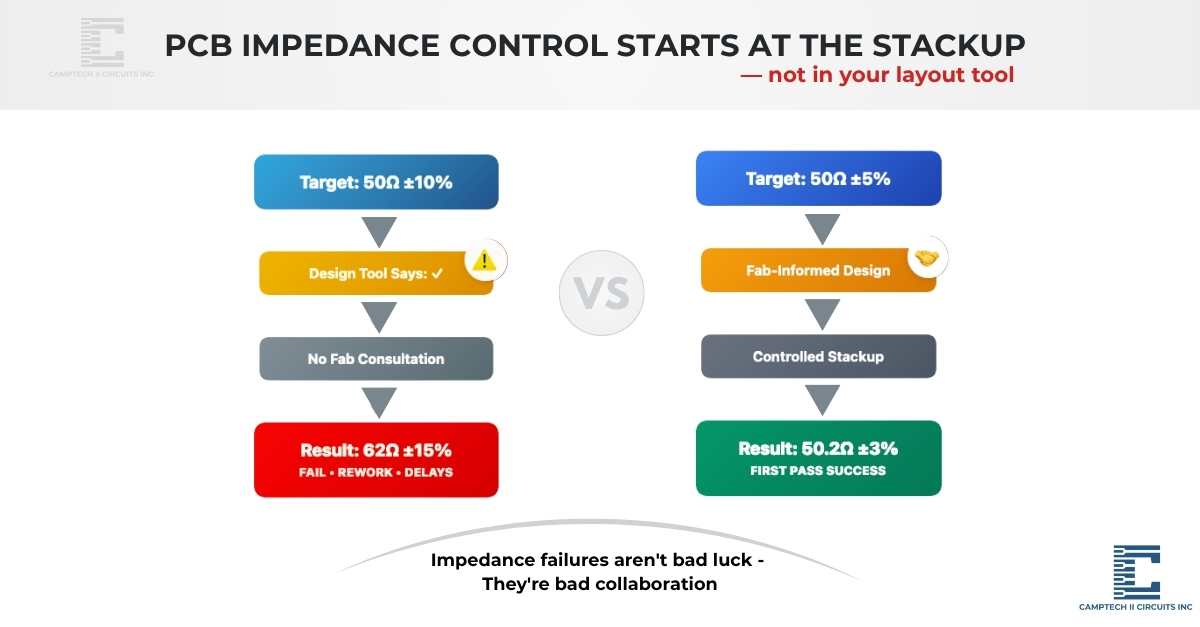 The #1 Mistake in PCB Impedance Control- Ignoring the Stackup Comparison of PCB impedance control results: tool-only design without stackup consultation vs fab-informed design with controlled stackup, showing that early collaboration achieves first-pass success.