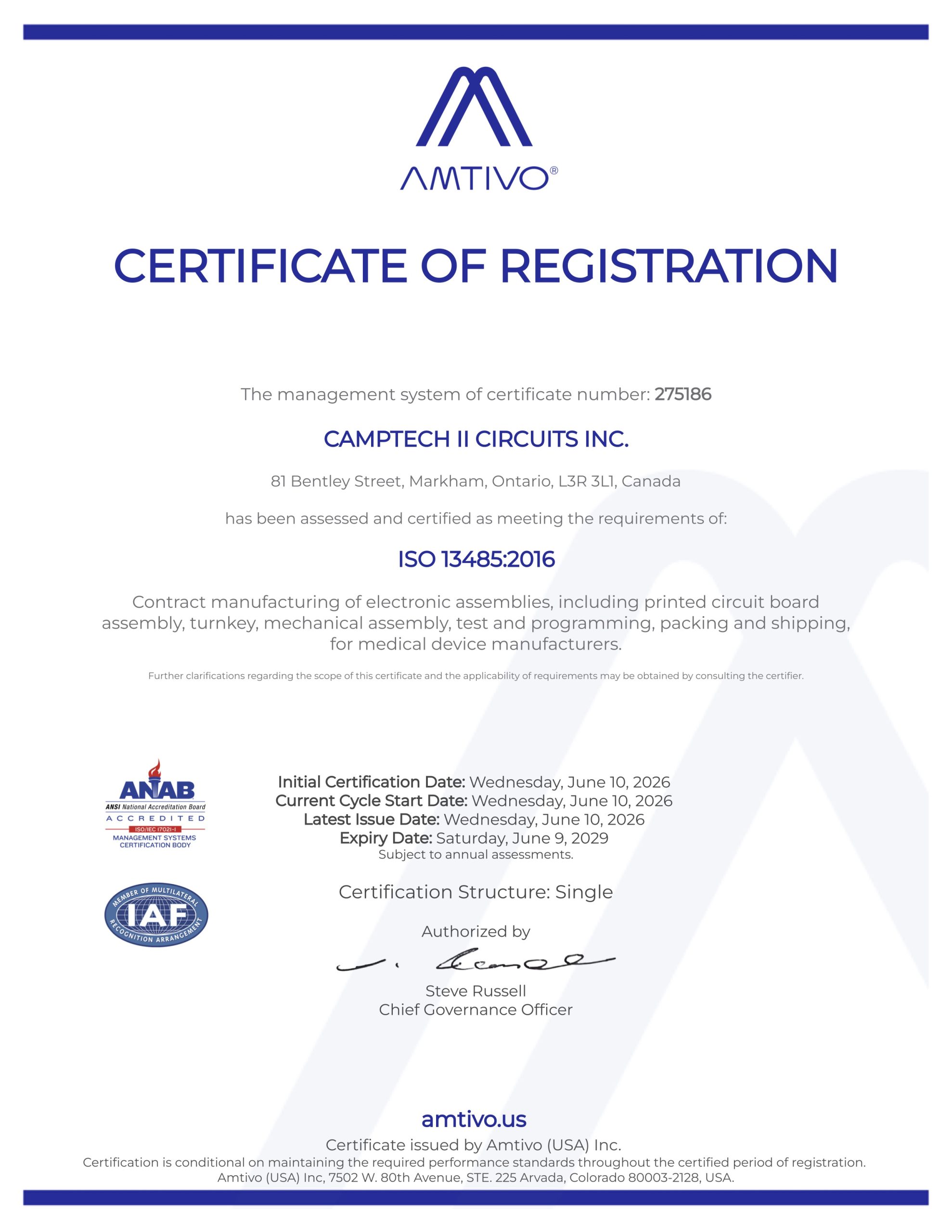 Camptech II Circuits Inc. - ISO 13485 Certificate