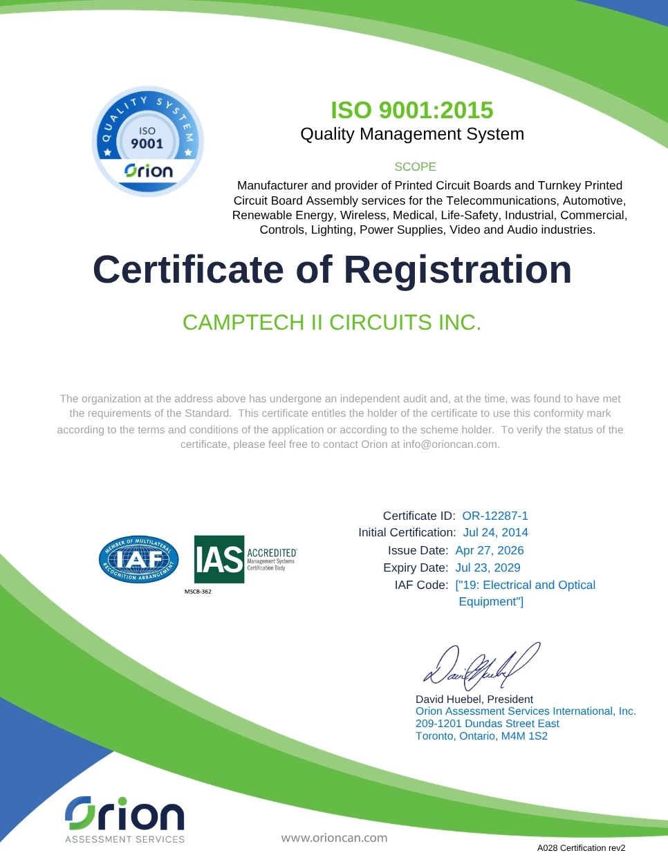 Camptech II Circuits Inc. ISO Certificate