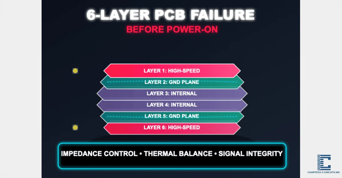 Diagram showing optimized vs. poor 6-layer PCB stackup highlighting signal routing layers, ground planes, and thermal performance differences.